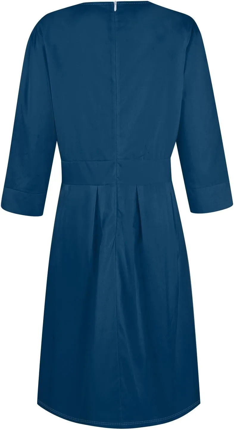 Women's Summer Dresses 2025 Casual Loose Trendy Crew Neck 3/4 Sleeve Solid Color with Zipper Dress, S-2XL