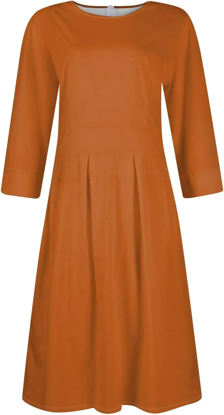 Women's Summer Dresses 2025 Casual Loose Trendy Crew Neck 3/4 Sleeve Solid Color with Zipper Dress, S-2XL