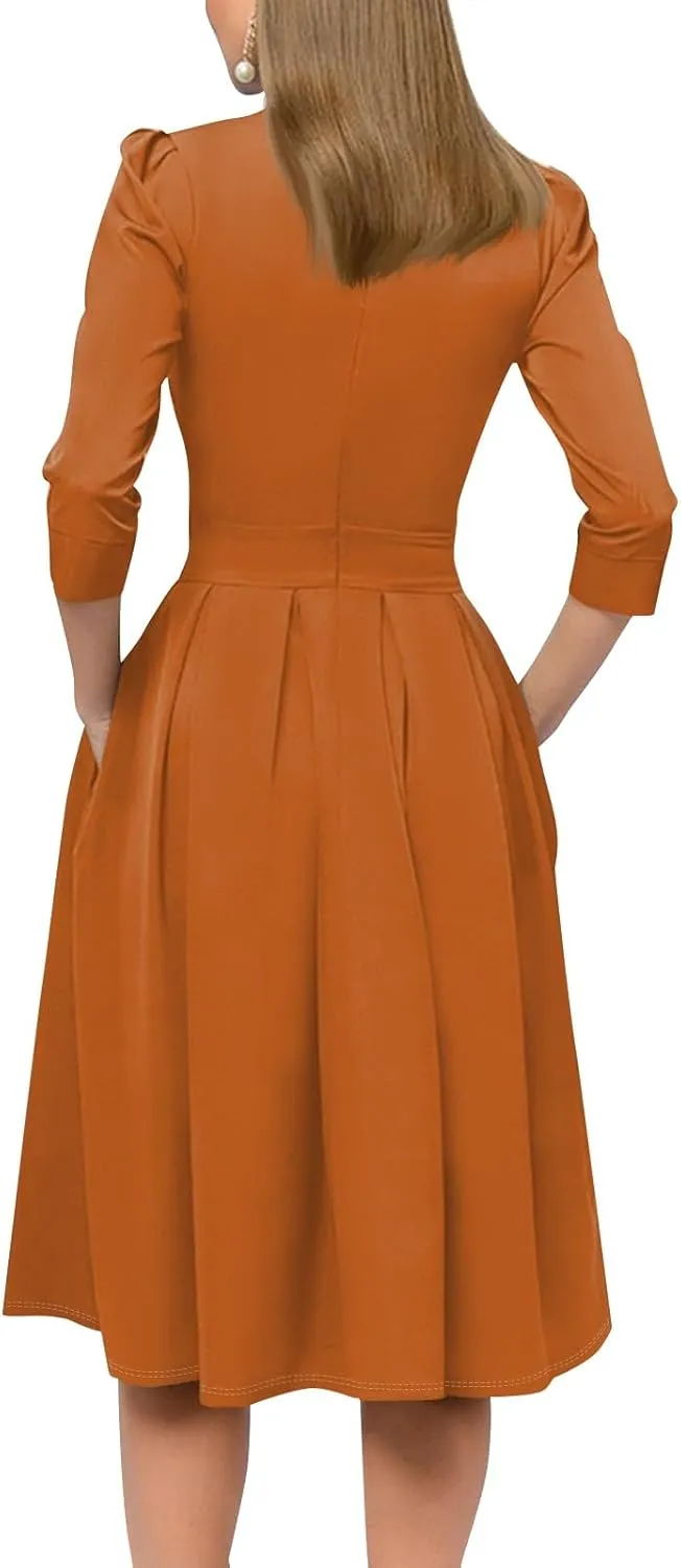 Women's Summer Dresses 2025 Casual Loose Trendy Crew Neck 3/4 Sleeve Solid Color with Zipper Dress, S-2XL
