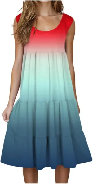 Womens Summer Dresses 2025 Crew Neck Casual Sundresses Sleeveless Flowy Dress Loose Vacation Midi Dress