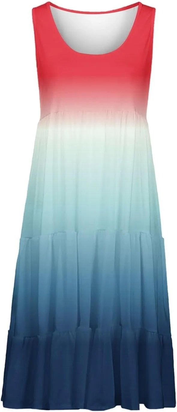 Womens Summer Dresses 2025 Crew Neck Casual Sundresses Sleeveless Flowy Dress Loose Vacation Midi Dress