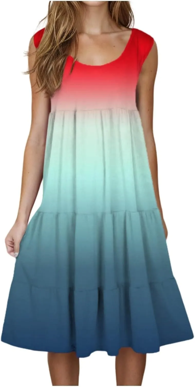 Womens Summer Dresses 2025 Crew Neck Casual Sundresses Sleeveless Flowy Dress Loose Vacation Midi Dress
