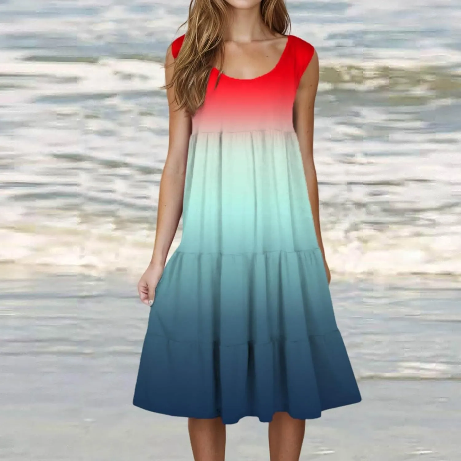 Womens Summer Dresses 2025 Crew Neck Casual Sundresses Sleeveless Flowy Dress Loose Vacation Midi Dress