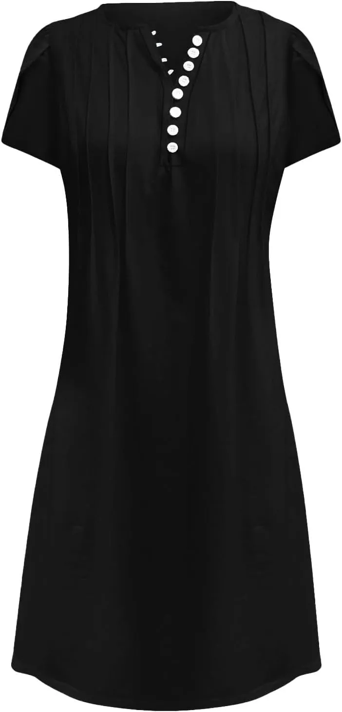 Womens Summer Dresses Pleated Front Button Round Neck Short Sleeve Casual Loose Beach Vacation Mini Dress