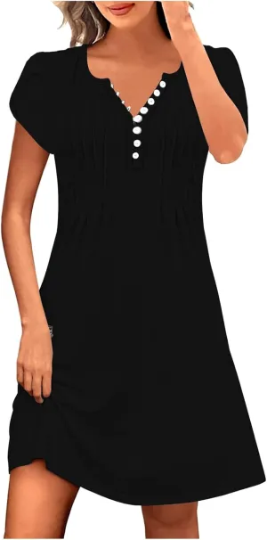 Womens Summer Dresses Pleated Front Button Round Neck Short Sleeve Casual Loose Beach Vacation Mini Dress