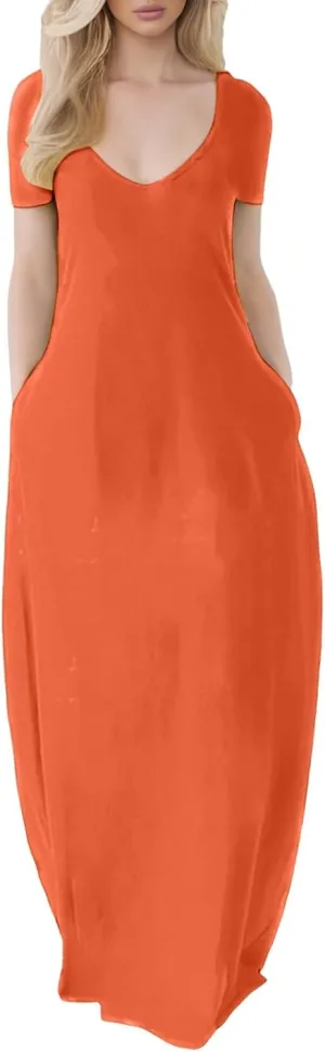 Womens Summer Dresses Trendy Bohemian Soild V Neck Short Sleeve Bucket Long T Shirt Dress Beach Cowgirl Outfits