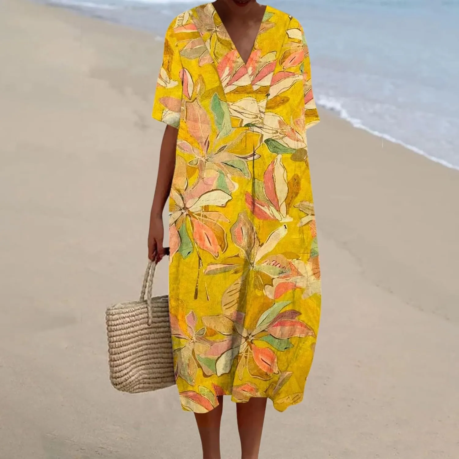 Womens Summer Dresses V Neck Short Sleeve Floral Printed Sundresses Boho Beach Dress 2025 Loose Beach Maxi Dress