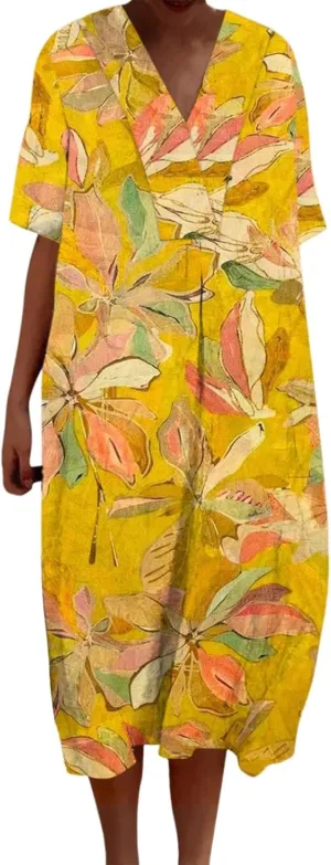 Womens Summer Dresses V Neck Short Sleeve Floral Printed Sundresses Boho Beach Dress 2025 Loose Beach Maxi Dress
