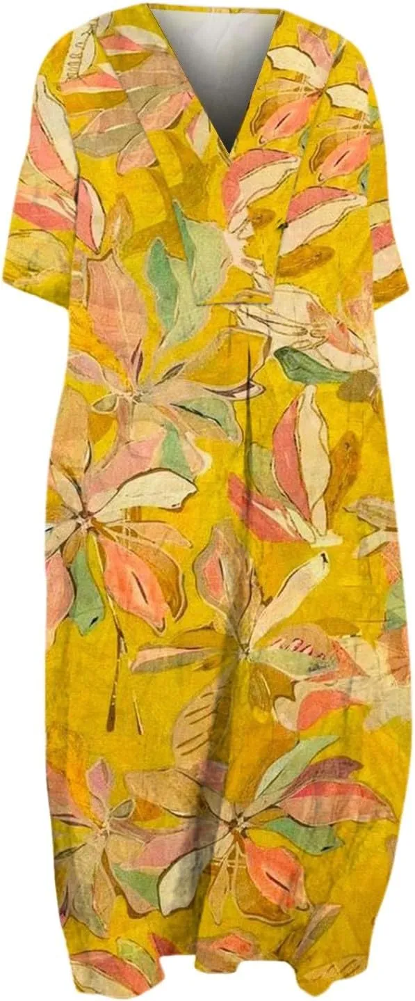 Womens Summer Dresses V Neck Short Sleeve Floral Printed Sundresses Boho Beach Dress 2025 Loose Beach Maxi Dress