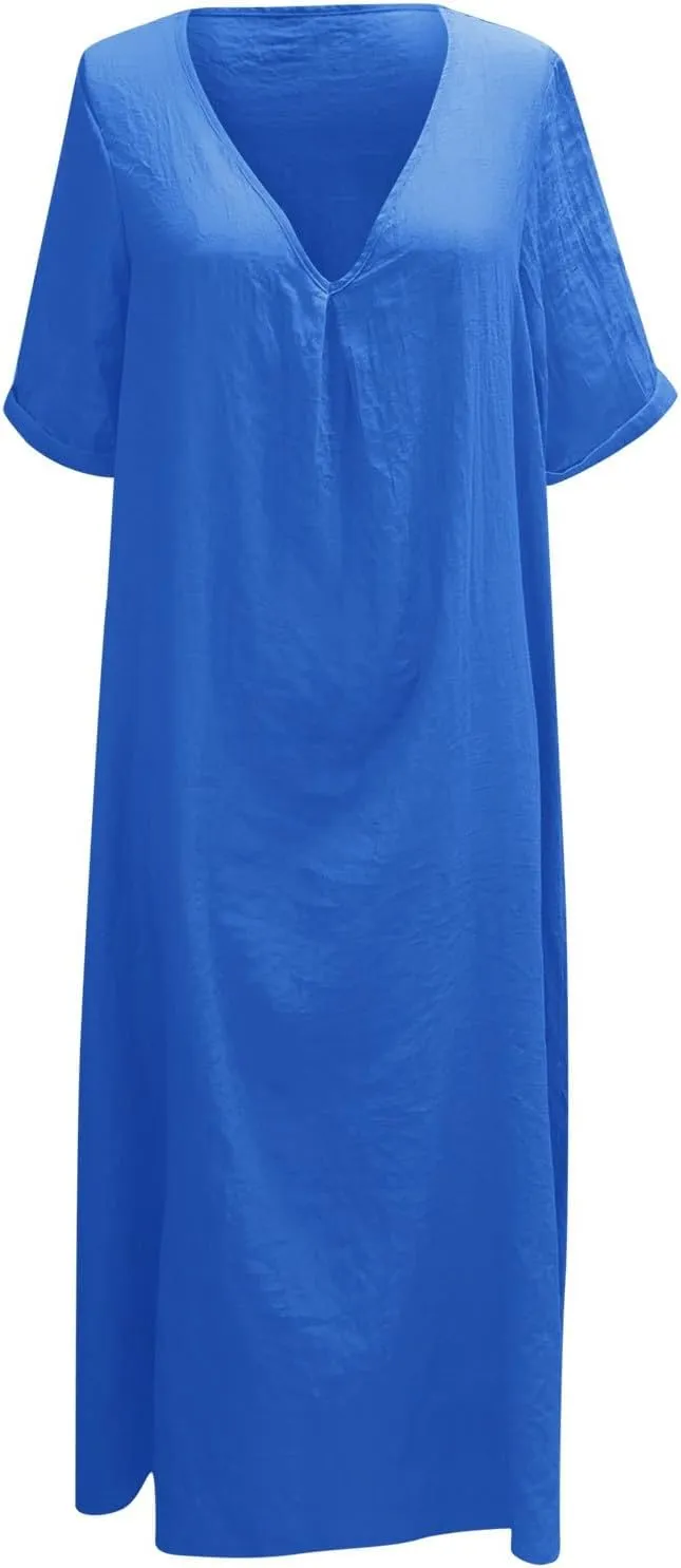 Womens Summer Dresses Vintage Flowy Boho Short Sleeve V Neck Linen Dress Club Trendy Country Concert Outfits for Women