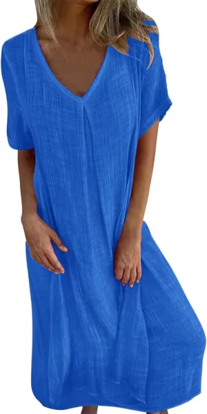 Womens Summer Dresses Vintage Flowy Boho Short Sleeve V Neck Linen Dress Club Trendy Country Concert Outfits for Women