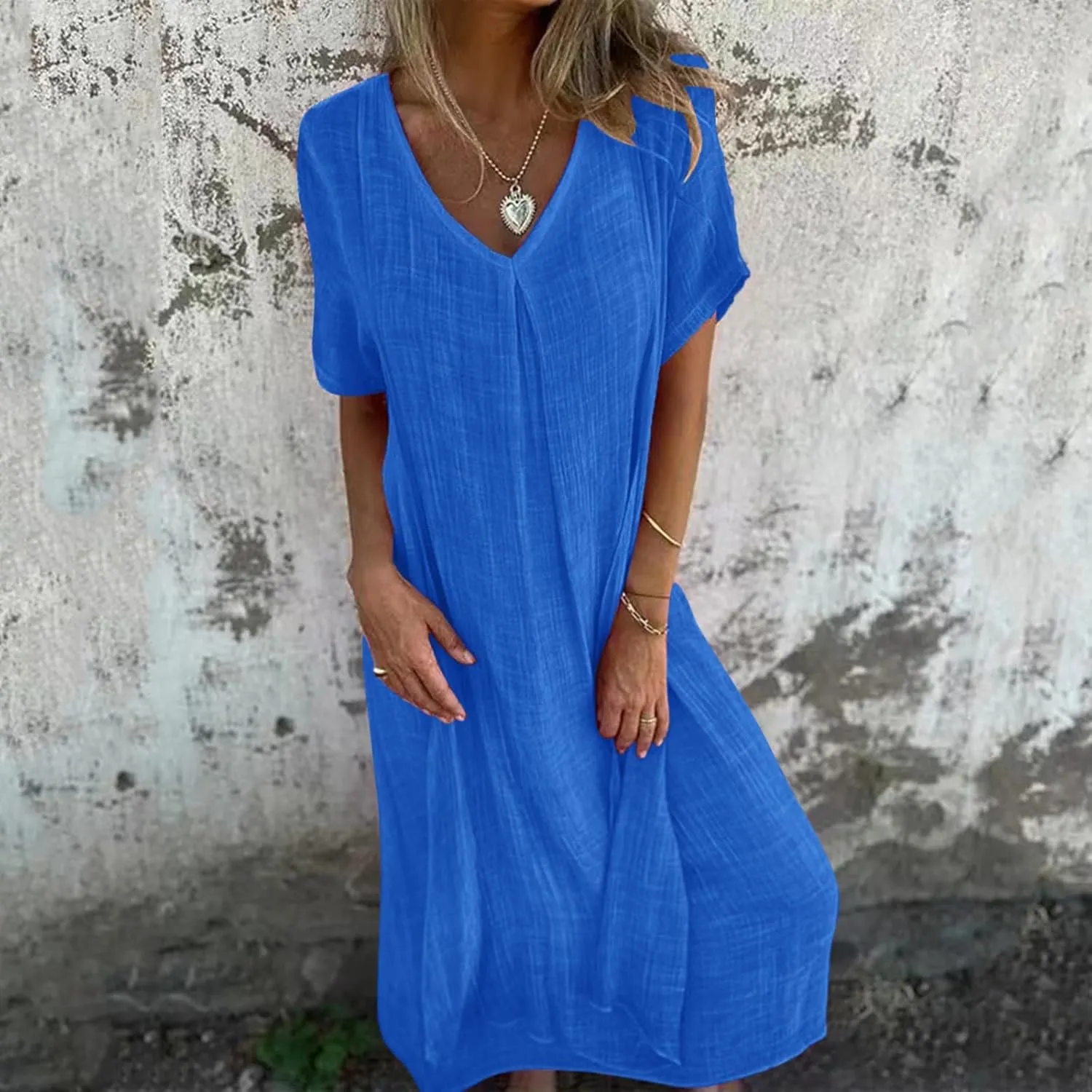 Womens Summer Dresses Vintage Flowy Boho Short Sleeve V Neck Linen Dress Club Trendy Country Concert Outfits for Women