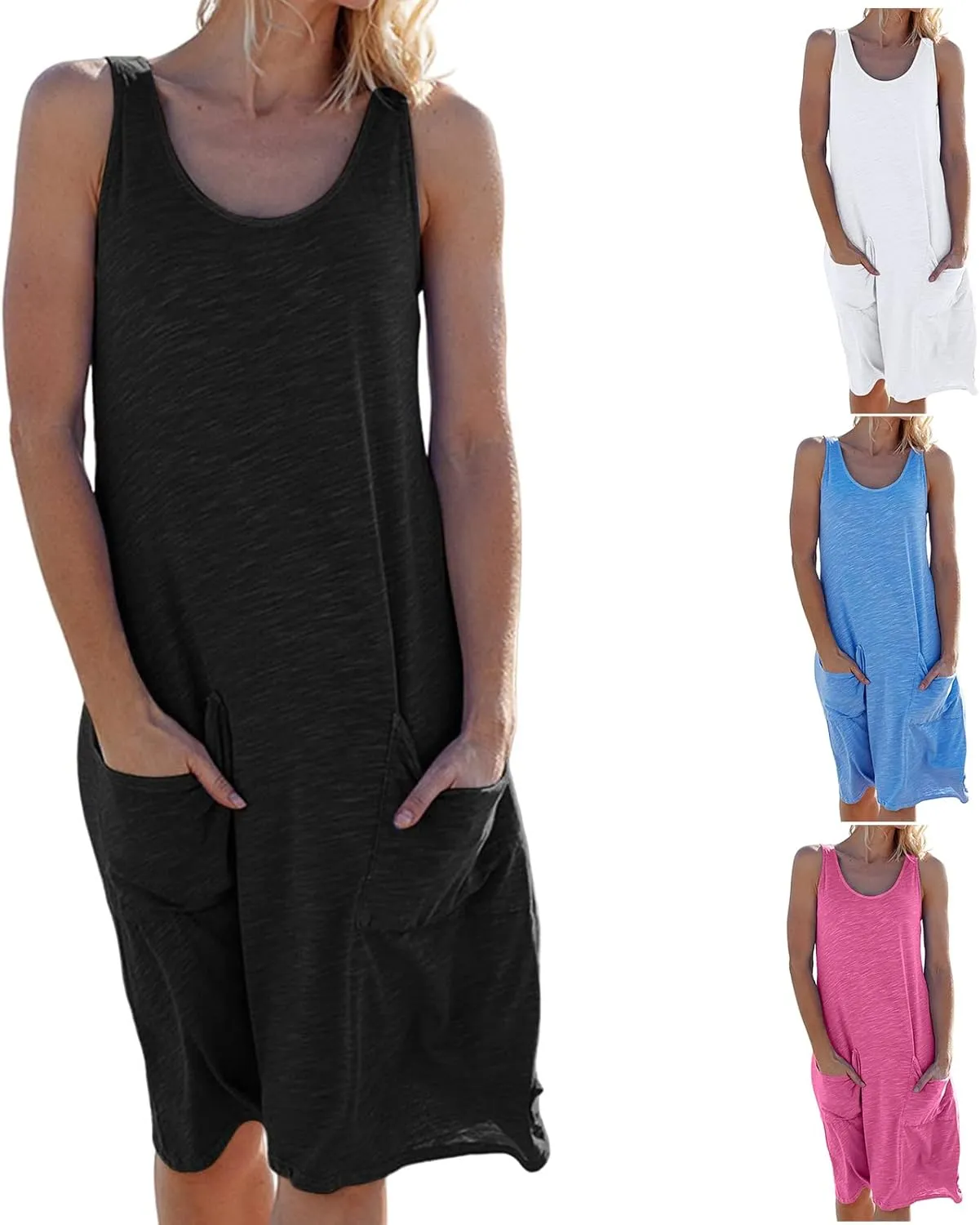 Womens Summer Knitted Dress Casual Sleeveless Midi Dresses Boho Beach Vacation Jumper Dress with Pockets
