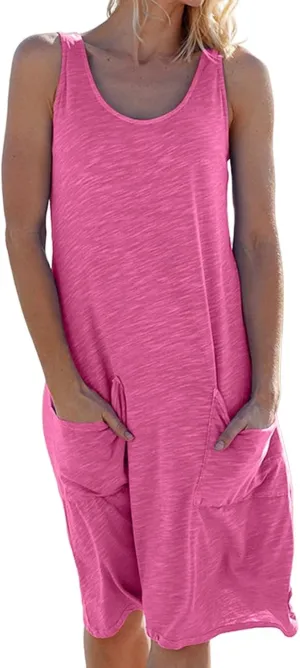 Womens Summer Knitted Dress Casual Sleeveless Midi Dresses Boho Beach Vacation Jumper Dress with Pockets