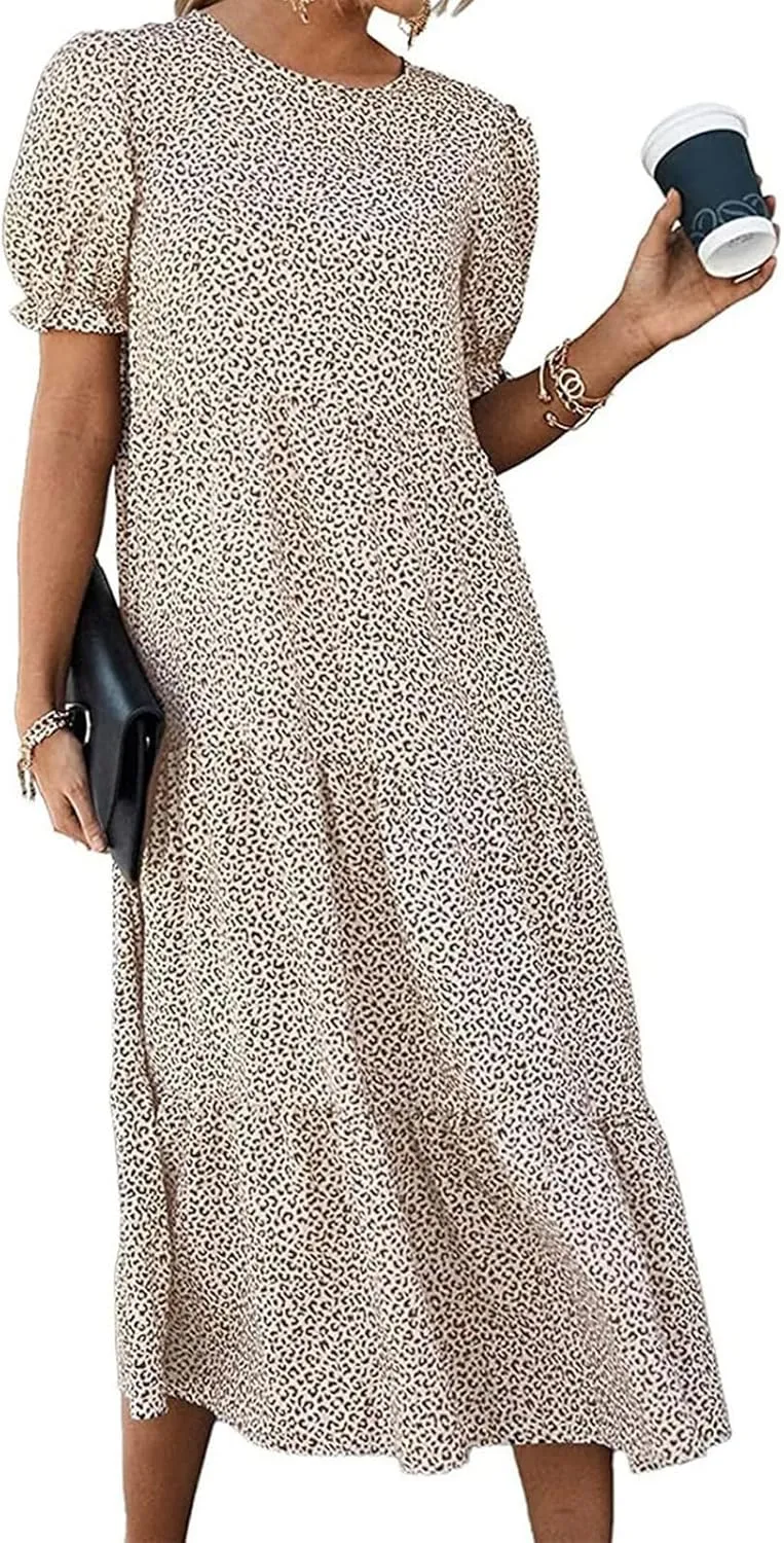 Womens Summer Maxi Dress Casual Round Neck Short Puff Sleeve Dresses Flowy Floral Tiered Ruffle Hem Beach Sundress