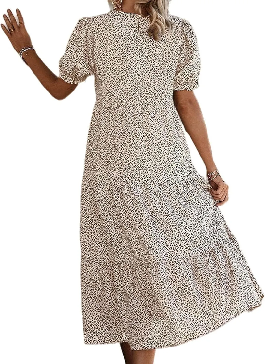 Womens Summer Maxi Dress Casual Round Neck Short Puff Sleeve Dresses Flowy Floral Tiered Ruffle Hem Beach Sundress