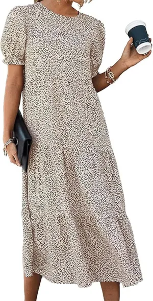 Womens Summer Maxi Dress Casual Round Neck Short Puff Sleeve Dresses Flowy Floral Tiered Ruffle Hem Beach Sundress