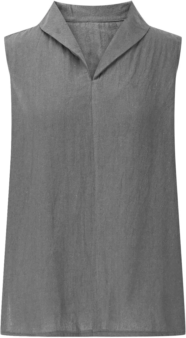 Women's Summer Sleeveless Linen Shirt Loose V Neck Collared Pullover Blouse Casual Shirts Basic Beach Tank Tops
