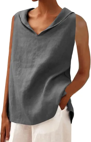 Women's Summer Sleeveless Linen Shirt Loose V Neck Collared Pullover Blouse Casual Shirts Basic Beach Tank Tops