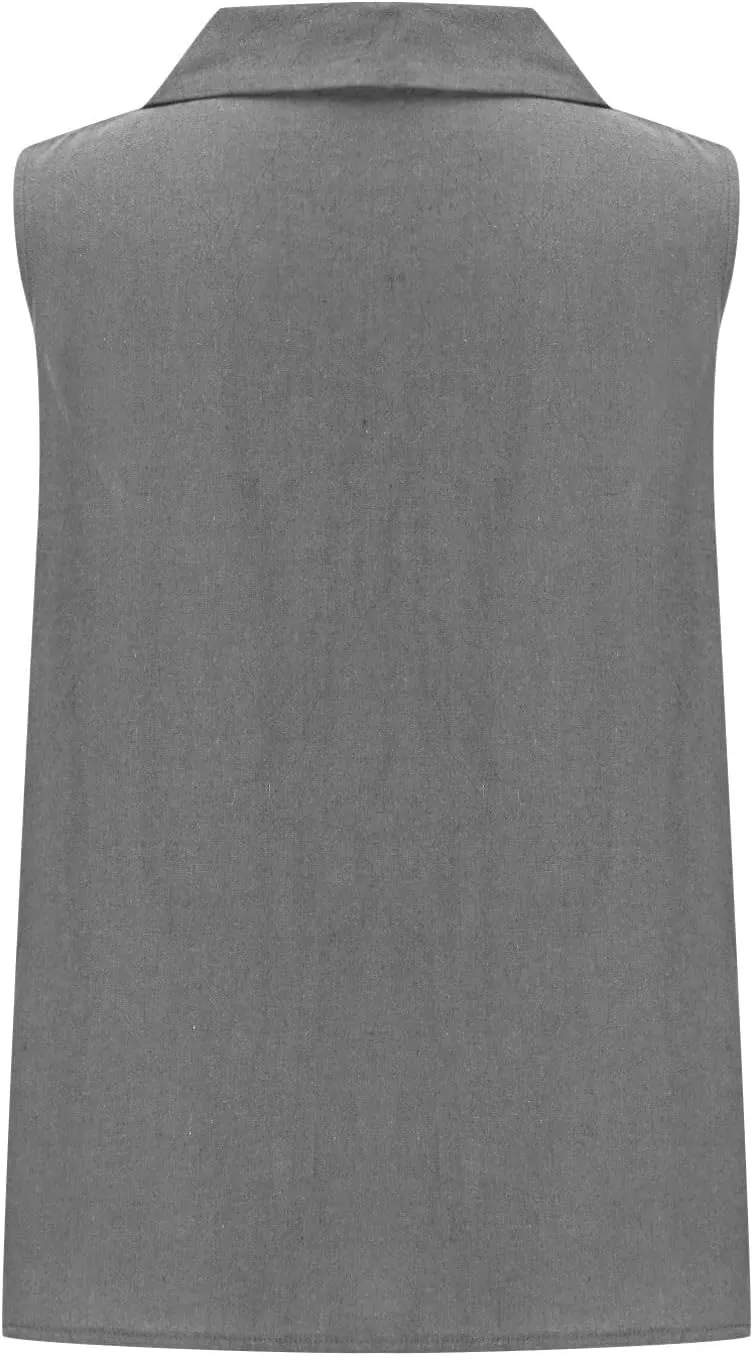 Women's Summer Sleeveless Linen Shirt Loose V Neck Collared Pullover Blouse Casual Shirts Basic Beach Tank Tops