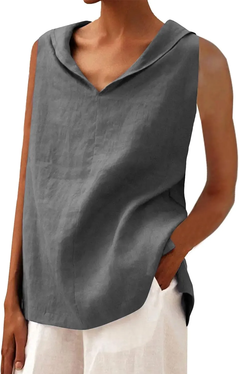 Women's Summer Sleeveless Linen Shirt Loose V Neck Collared Pullover Blouse Casual Shirts Basic Beach Tank Tops