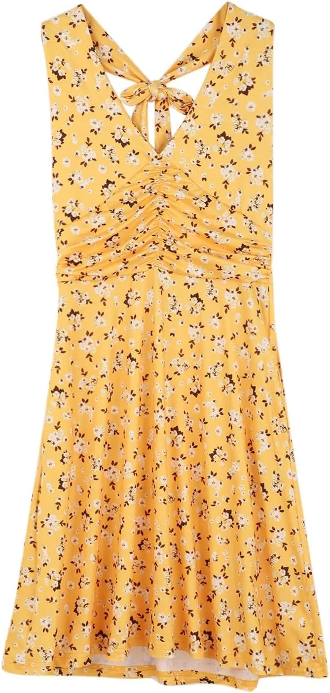 Women's Summer Sleeveless Sundress Sexy Wrap Halter V Neck 2025 Spring Floral Elastic Waist Ruffle Mini Dress Beach Vacation