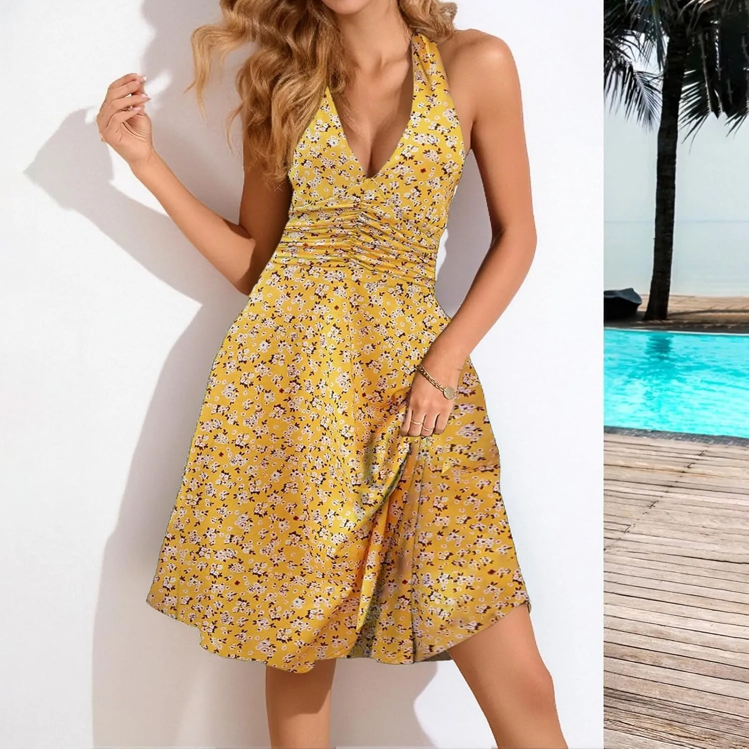 Women's Summer Sleeveless Sundress Sexy Wrap Halter V Neck 2025 Spring Floral Elastic Waist Ruffle Mini Dress Beach Vacation