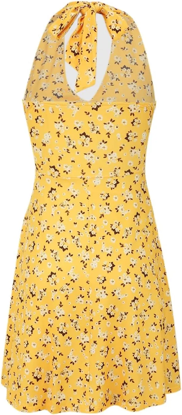 Women's Summer Sleeveless Sundress Sexy Wrap Halter V Neck 2025 Spring Floral Elastic Waist Ruffle Mini Dress Beach Vacation