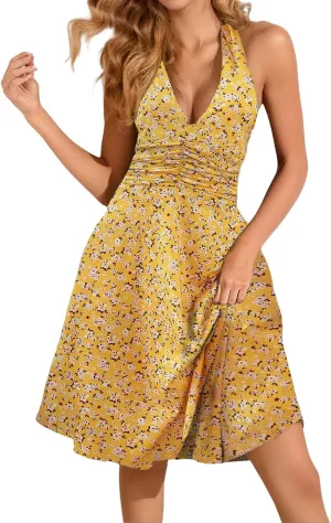 Women's Summer Sleeveless Sundress Sexy Wrap Halter V Neck 2025 Spring Floral Elastic Waist Ruffle Mini Dress Beach Vacation