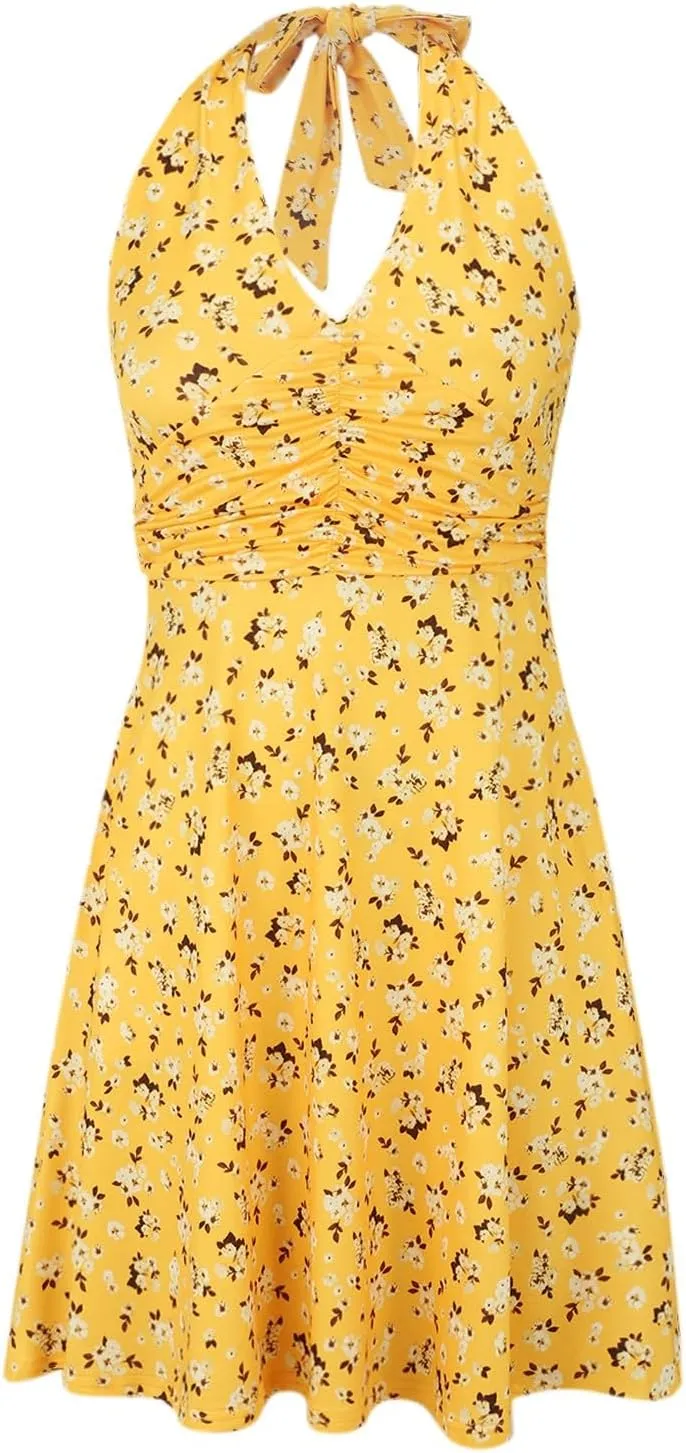 Women's Summer Sleeveless Sundress Sexy Wrap Halter V Neck 2025 Spring Floral Elastic Waist Ruffle Mini Dress Beach Vacation