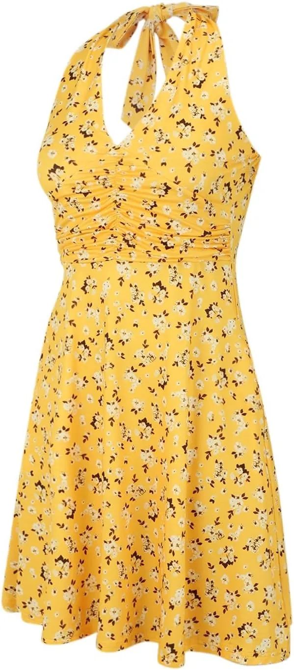 Women's Summer Sleeveless Sundress Sexy Wrap Halter V Neck 2025 Spring Floral Elastic Waist Ruffle Mini Dress Beach Vacation