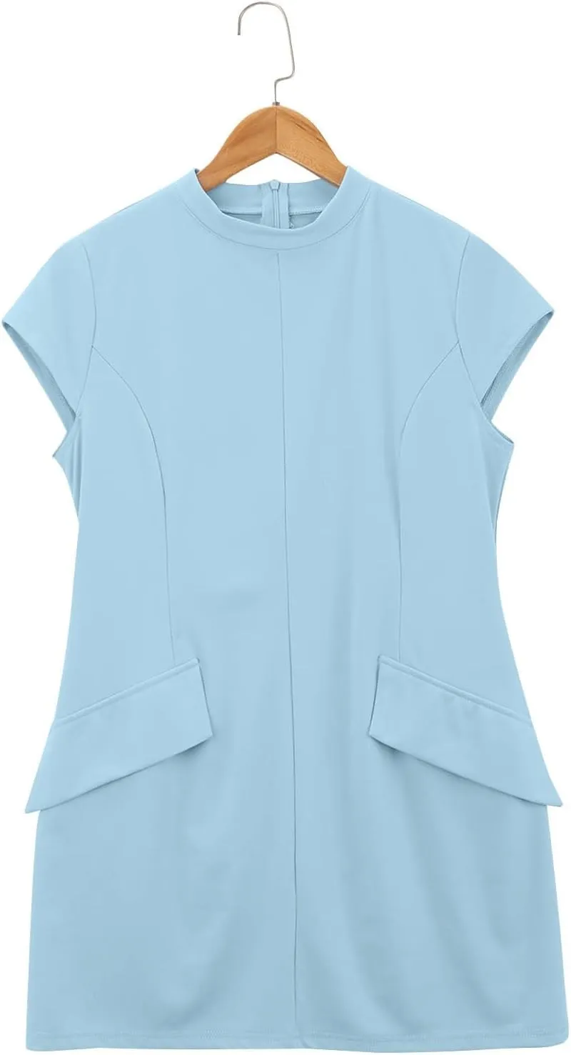 Womens Summer Slim Fit Dress Mock Round Neck Short Sleeve Bodycon Party Club Mini Dresses with Pockets Casual 2025