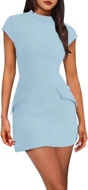Womens Summer Slim Fit Dress Mock Round Neck Short Sleeve Bodycon Party Club Mini Dresses with Pockets Casual 2025