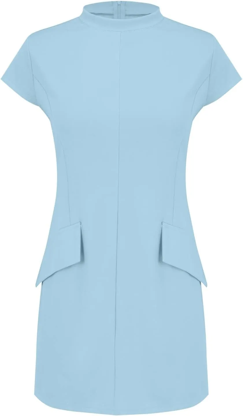 Womens Summer Slim Fit Dress Mock Round Neck Short Sleeve Bodycon Party Club Mini Dresses with Pockets Casual 2025