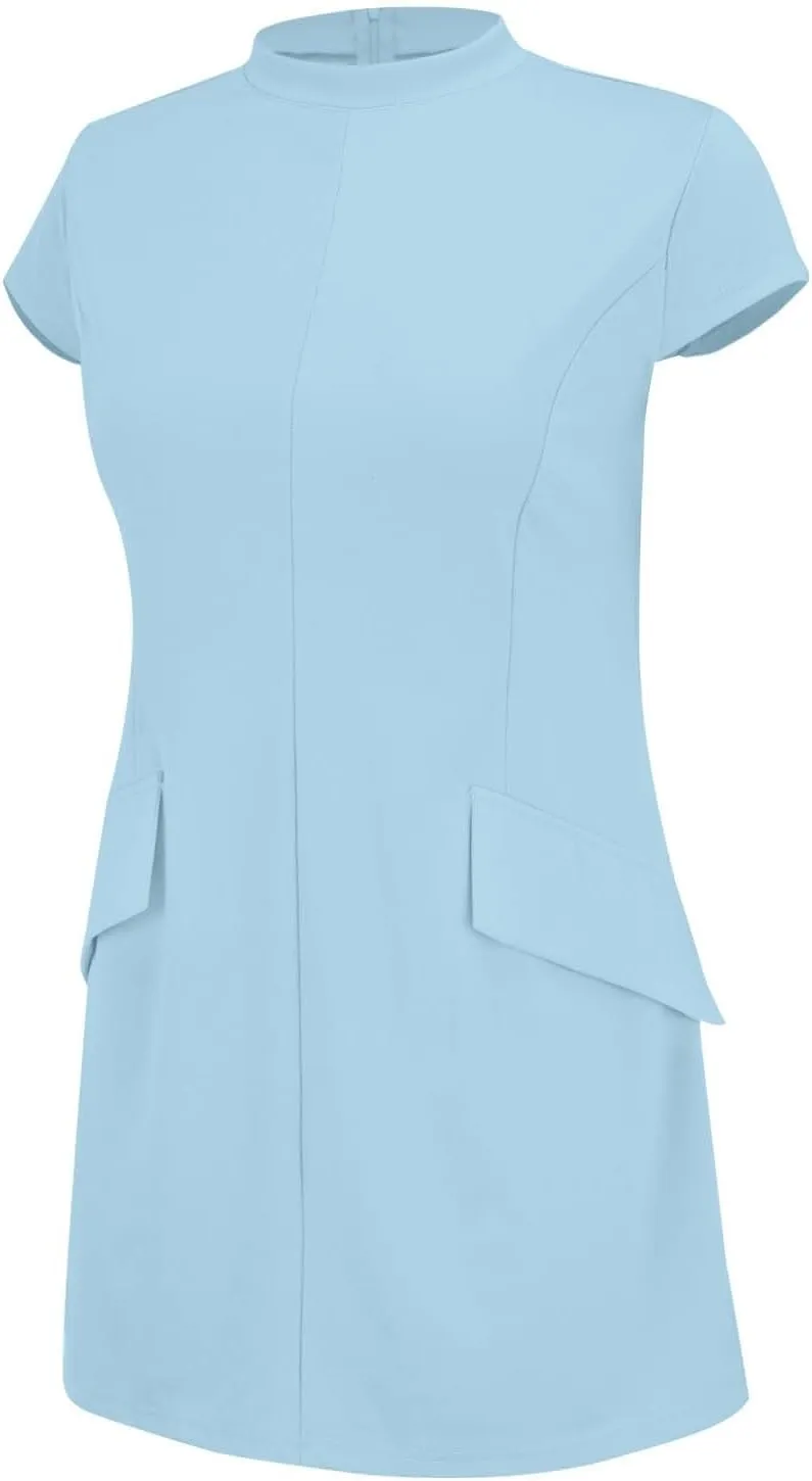 Womens Summer Slim Fit Dress Mock Round Neck Short Sleeve Bodycon Party Club Mini Dresses with Pockets Casual 2025