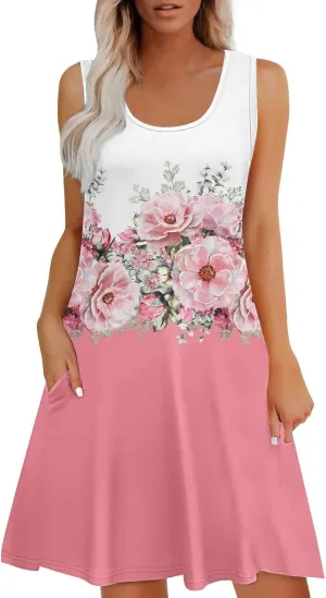 Women's Summer Spring Casual Beach Sundress 2025 Vacation Sleeveless Tank Crewneck Loose Cover up Mini Dresses