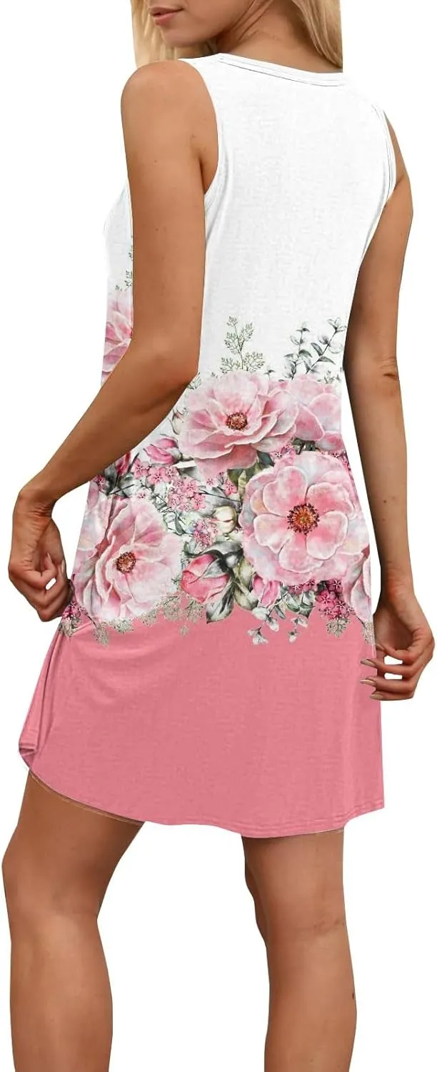 Women's Summer Spring Casual Beach Sundress 2025 Vacation Sleeveless Tank Crewneck Loose Cover up Mini Dresses