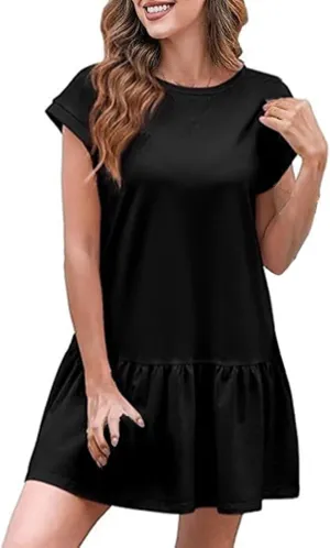 Womens Summer T Shirt Dress Casual V Neck Short Sleeve Mini Sundress Ruffled Hem A Line Short Dresses 2025