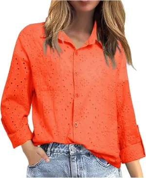 Women's Summer Tops Dressy Casual V Neck Short Sleeve Button Up Hollow Out Eyelet Lace Embroidered Blouses Shirts