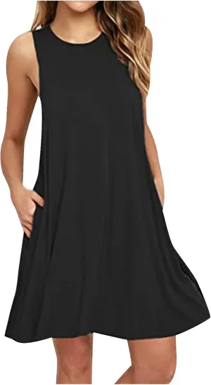 Women's Tank Mini Dress Casual T Shirt Short Vacation Sundress Sleeveless Swing Cover Up Dresses with Pockets
