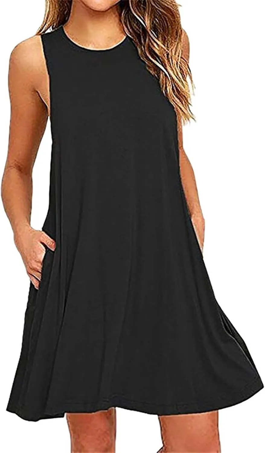 Women's Tank Mini Dress Casual T Shirt Short Vacation Sundress Sleeveless Swing Cover Up Dresses with Pockets