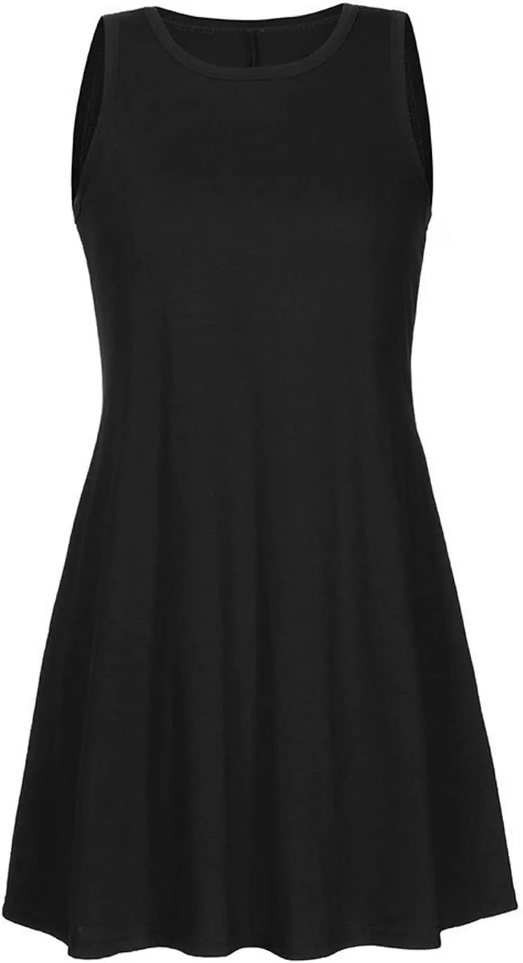 Women's Tank Mini Dress Casual T Shirt Short Vacation Sundress Sleeveless Swing Cover Up Dresses with Pockets