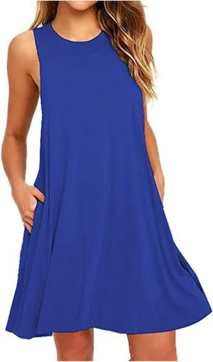 Women's Tank Mini Dress Casual T Shirt Short Vacation Sundress Sleeveless Swing Cover Up Dresses with Pockets
