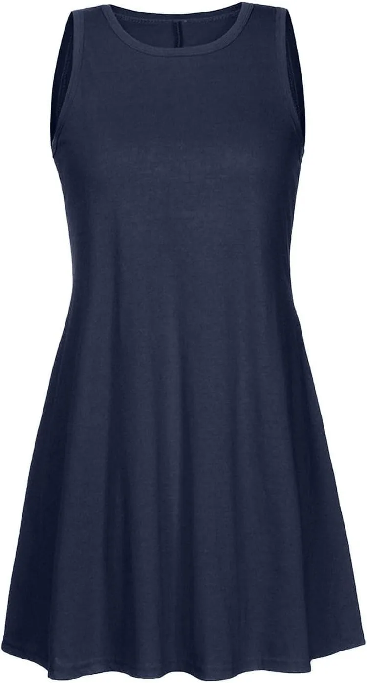 Women's Tank Mini Dress Casual T Shirt Short Vacation Sundress Sleeveless Swing Cover Up Dresses with Pockets