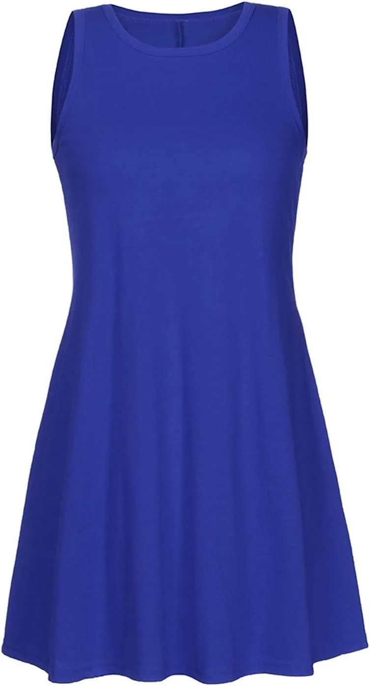 Women's Tank Mini Dress Casual T Shirt Short Vacation Sundress Sleeveless Swing Cover Up Dresses with Pockets