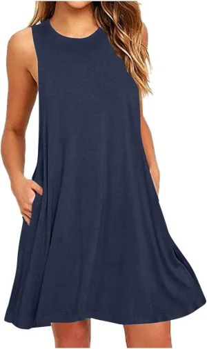 Women's Tank Mini Dress Casual T Shirt Short Vacation Sundress Sleeveless Swing Cover Up Dresses with Pockets