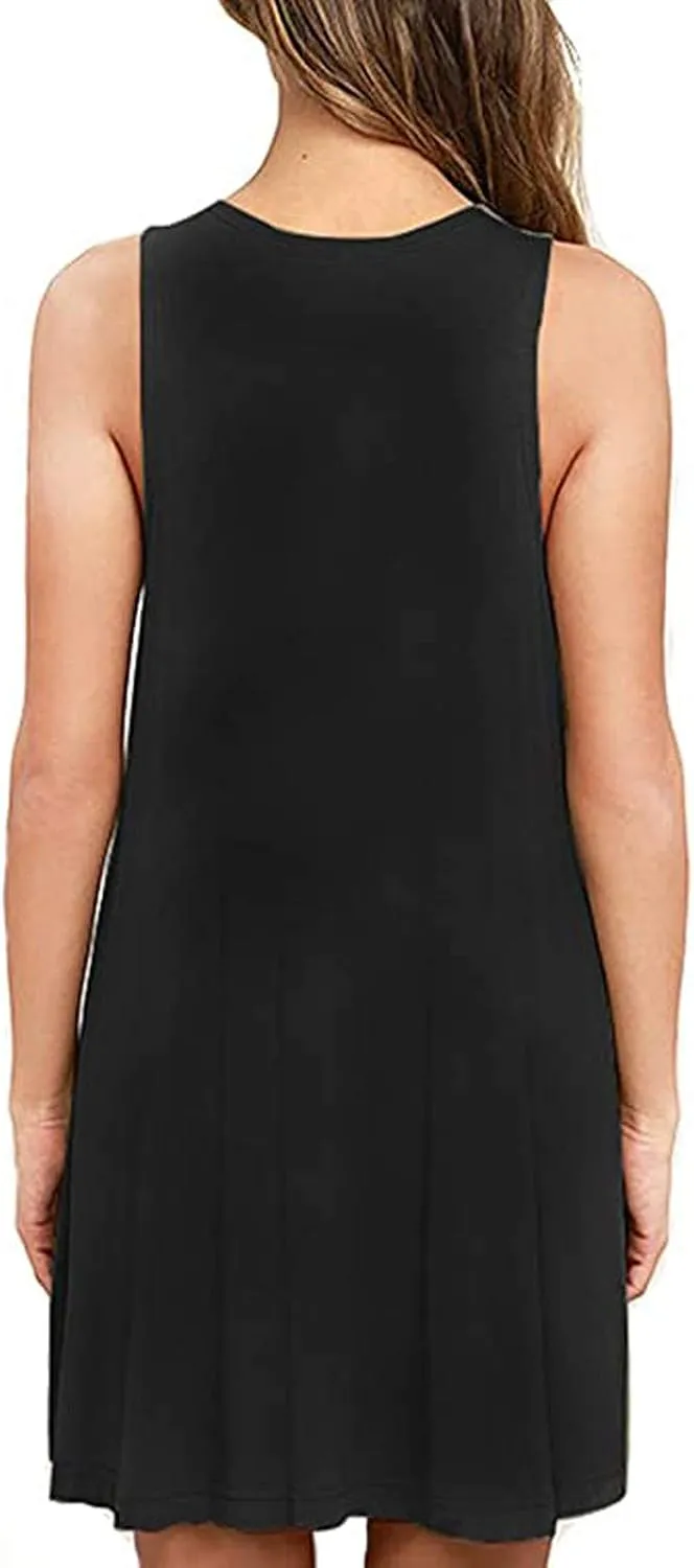 Women's Tank Mini Dress Casual T Shirt Short Vacation Sundress Sleeveless Swing Cover Up Dresses with Pockets