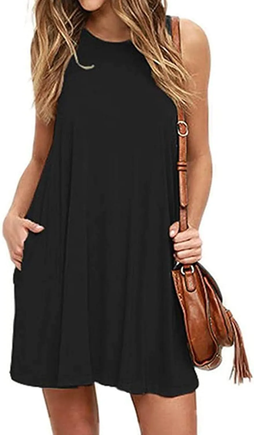 Women's Tank Mini Dress Casual T Shirt Short Vacation Sundress Sleeveless Swing Cover Up Dresses with Pockets
