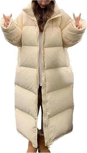 Womens Thicken Long Down Jacket Heavyweight Solid Color Winter Thermal Puffer Coats Fashion Zipper Long Sleeve Outfits