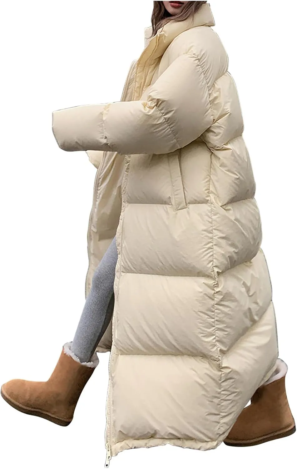 Womens Thicken Long Down Jacket Heavyweight Solid Color Winter Thermal Puffer Coats Fashion Zipper Long Sleeve Outfits